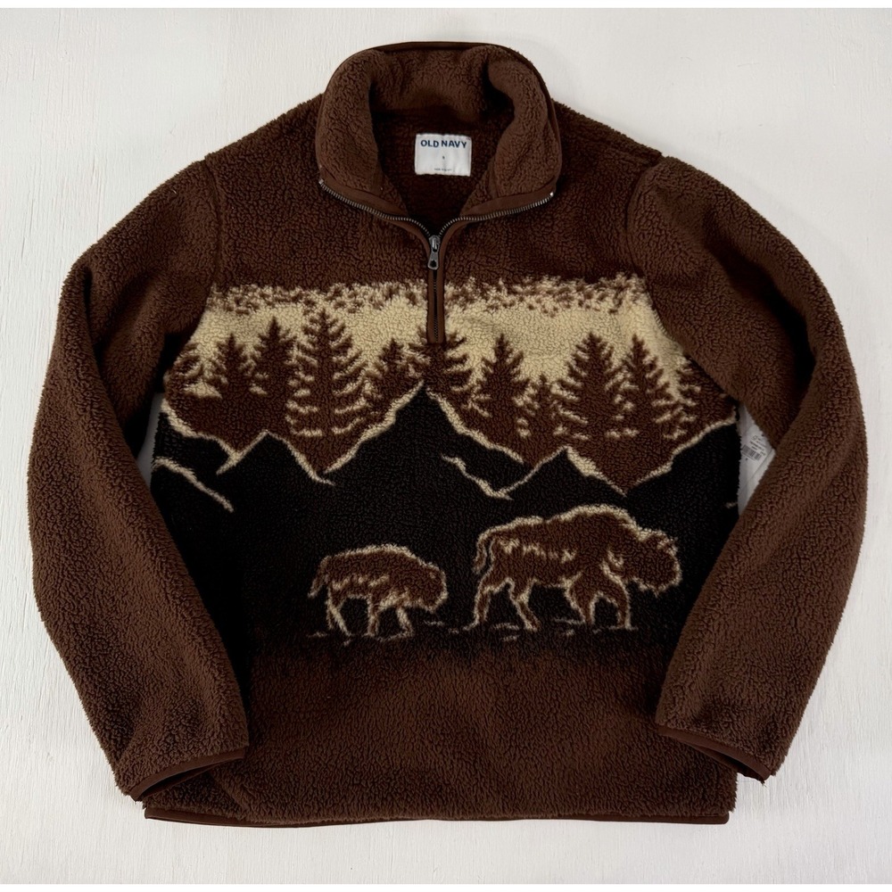 NEW Old Navy Sherpa Buffalo Fleece Quarter Zip Pullover Men's S Brown Outdoor